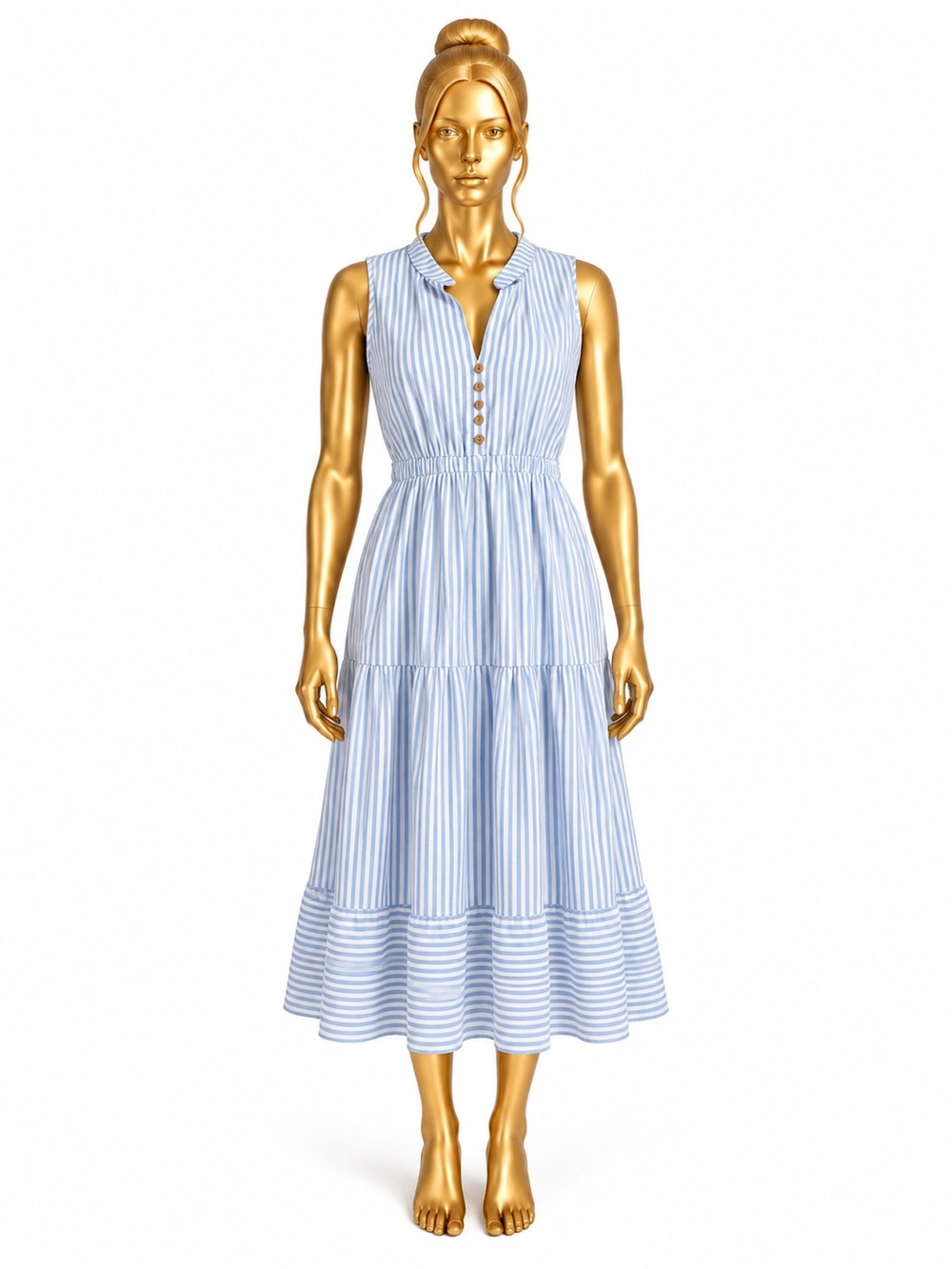 SHEIN Large Blue White Striped Tiered Midi Dress Sleeveless Button Front